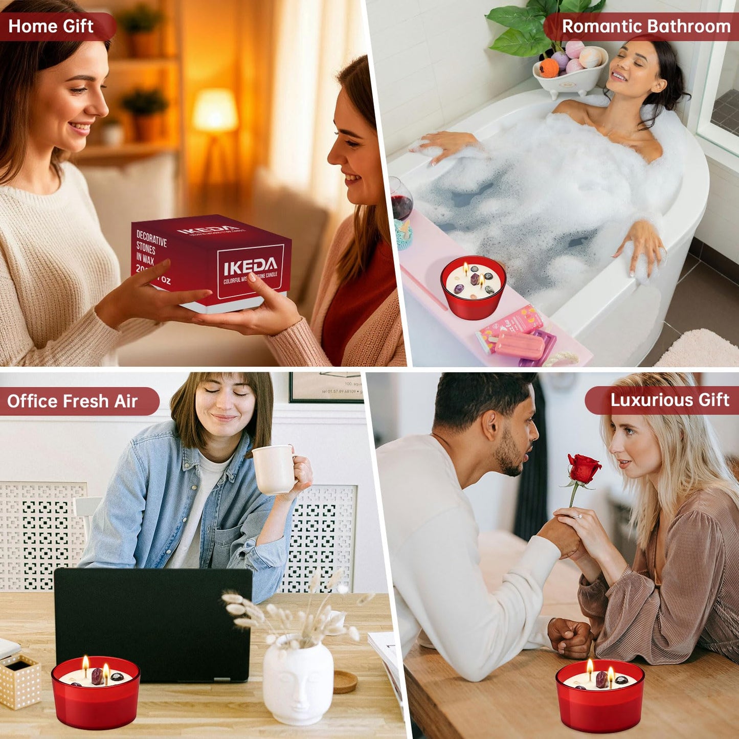 Ikeda Fragrance Gift for Christmas | Scented Candle for Love Wishes | Home Aromatherapy Candle with Crystals Stone | 18.7Oz Soy Jar Candle | Double Wick and 50-Hour Burn Time(Red, Floral)