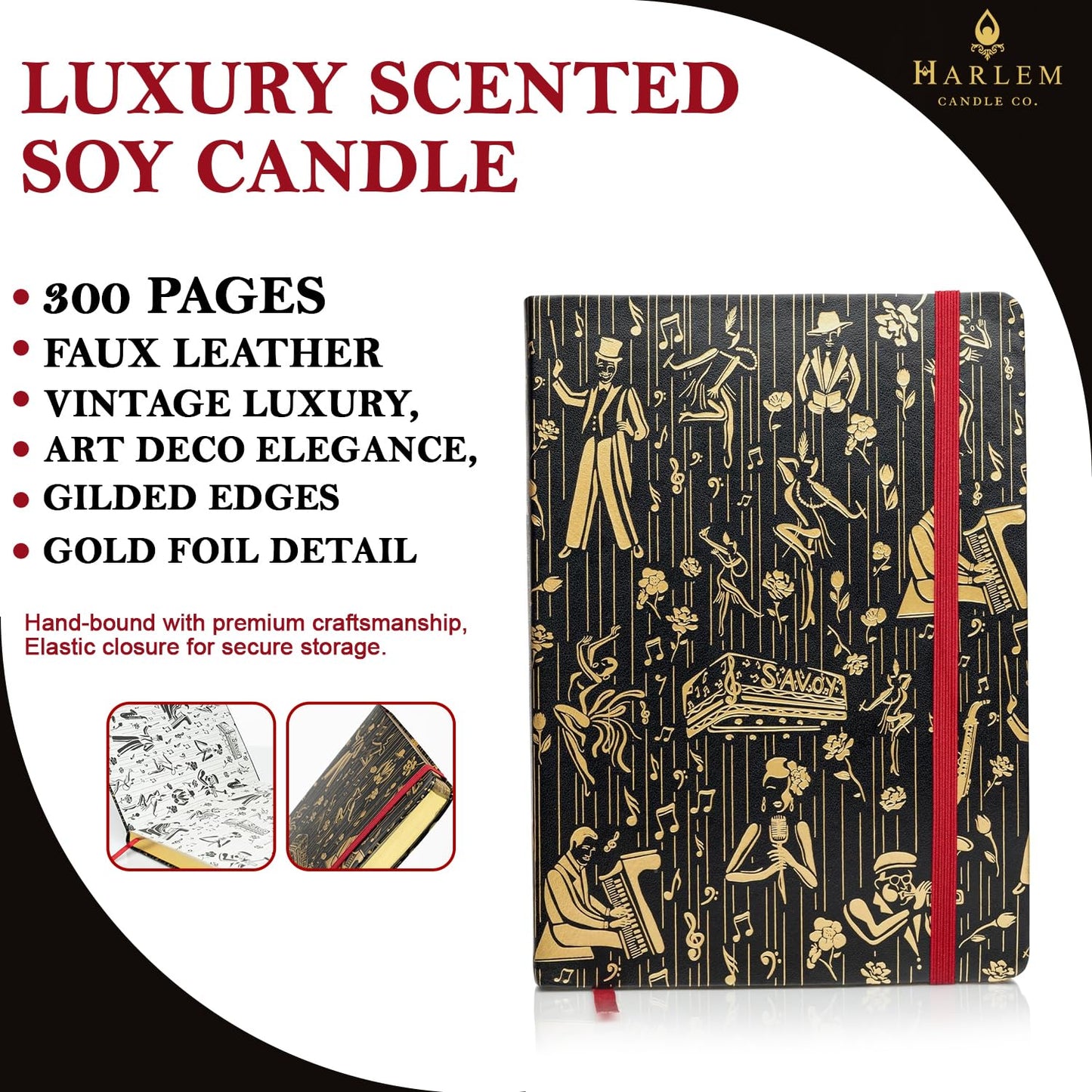 HARLEM CANDLE CO. Luxury Gift Set – After Dark Scented Soy Candle (11 oz) & Black/Gold Vegan Leather Journal (300 Pages) – Elegant Home & Writing Gift Bundle