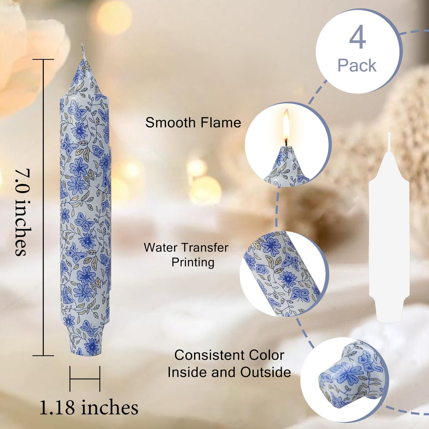 Short Blue and White Taper Candles 7 Inch Handmade Floral Candle Sticks Smokeless Unscented Clean Burning Candles for Meditation Sailing Housewarming Gift Wedding Birthday Home Dinner