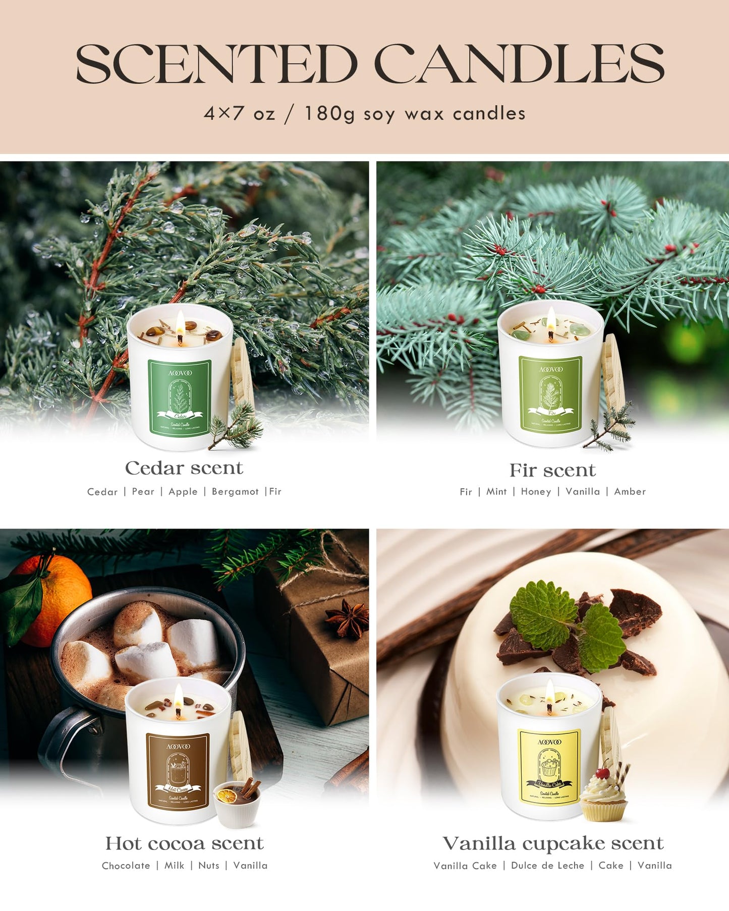 AOOVOO Holiday Candles Set for Women - 4 Pack Candles for Home Scented, Aromatherapy Candle with Crystals, 28 oz 200 Hour Long Lasting Candle, Winter Fragrance of Cedar, Fir, Hot Cocoa, Vanilla Cake