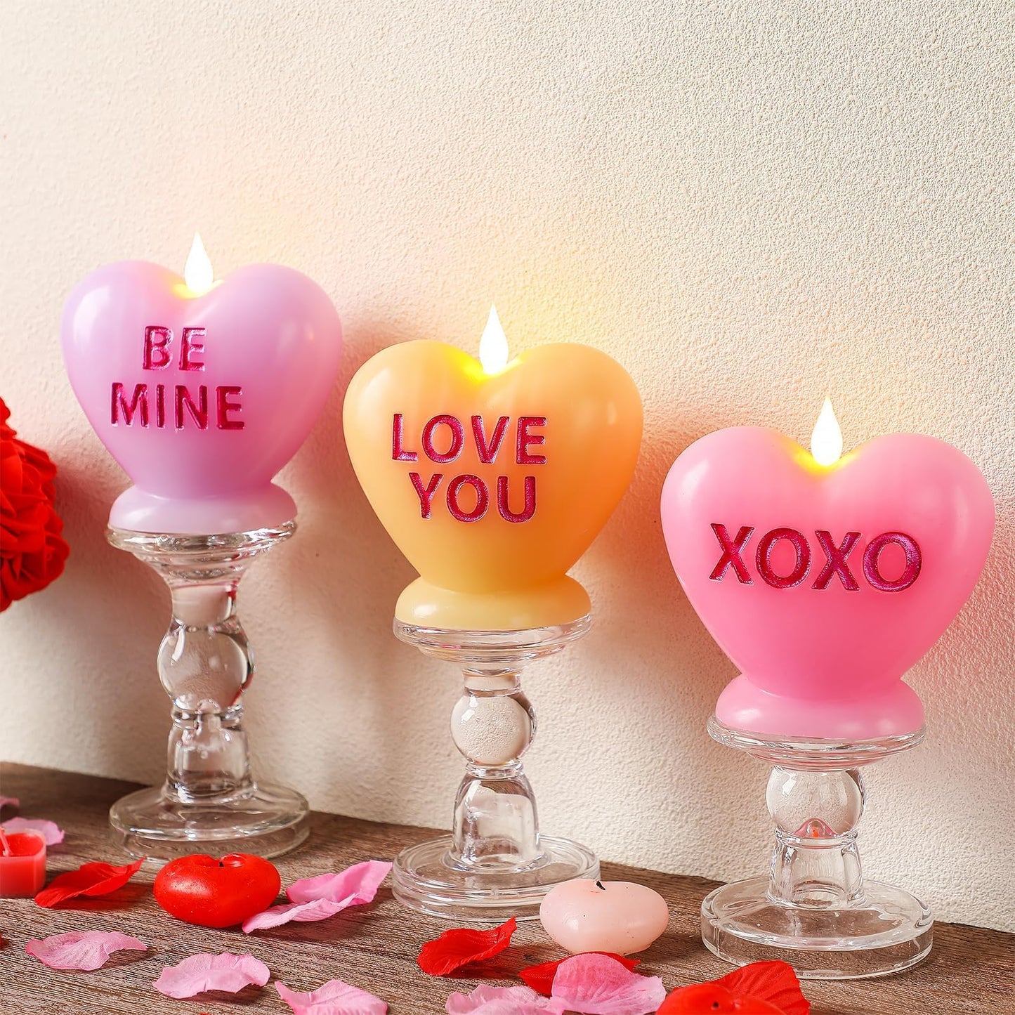 LCZLUMIPRO 3 Pack Valentine's Day Candles Heart Candle Flameless Candles Flickering Battery Operated LED Heart Shaped Candles with Realistic Warm Flame Effect Romantic Decor for Wedding Anniversary