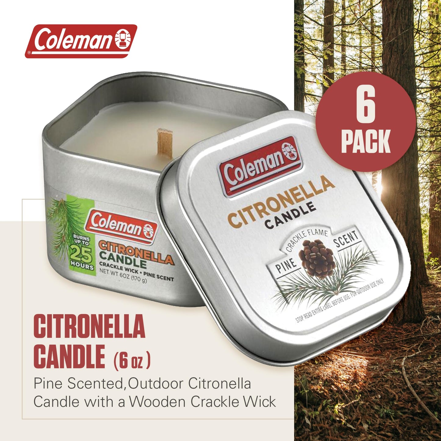 Coleman Scented Outdoor Citronella Candle with Wooden Crackle Wick, Pine Scent, 6 oz (Pack of 6)