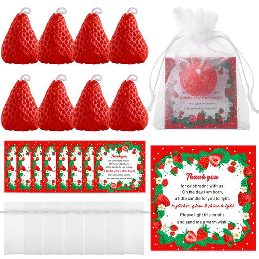 MTLEE 20 Set Strawberry Shaped Candles Baby Shower Favors 20 Strawberry Candles for Guests with 20 Thank Tags and 20 Return Gift Bags for Strawberry Party Supplies Decorations