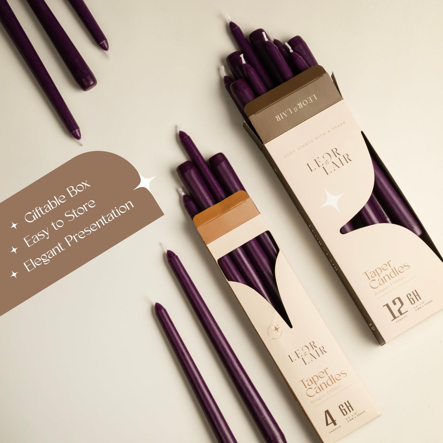 Leor & Lair Purple Taper Candles - 12 Pack 10" Purple Candlesticks - Unscented Long Burning Candle Sticks for Home Decoration, Dinner Table, Holidays, Weddings, Restaurants & Events