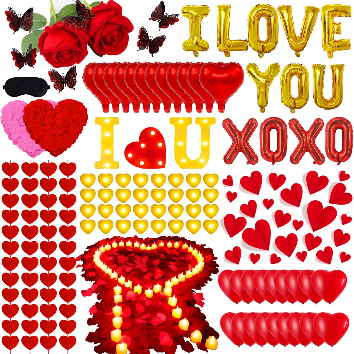 fulasiteu 6347pcs Romantic Rose Petals & Candles Set - 'I LOVE YOU' Letters, 6000 Rose Petals, 48 Heart Candles, Balloons & Decorations for Anniversary, Valentine's Day, Proposal