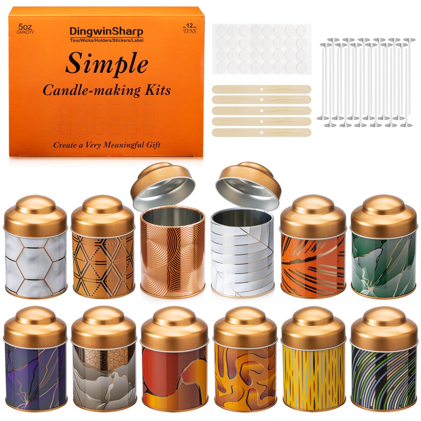 DingwinSharp 5oz Candle Tins for Making Candles - 12 Pcs Empty Candle Containers with Lids, Wicks, Wick Holders, Wick Stickers and Bottom Warning Labels(12 different pattern candle jars)