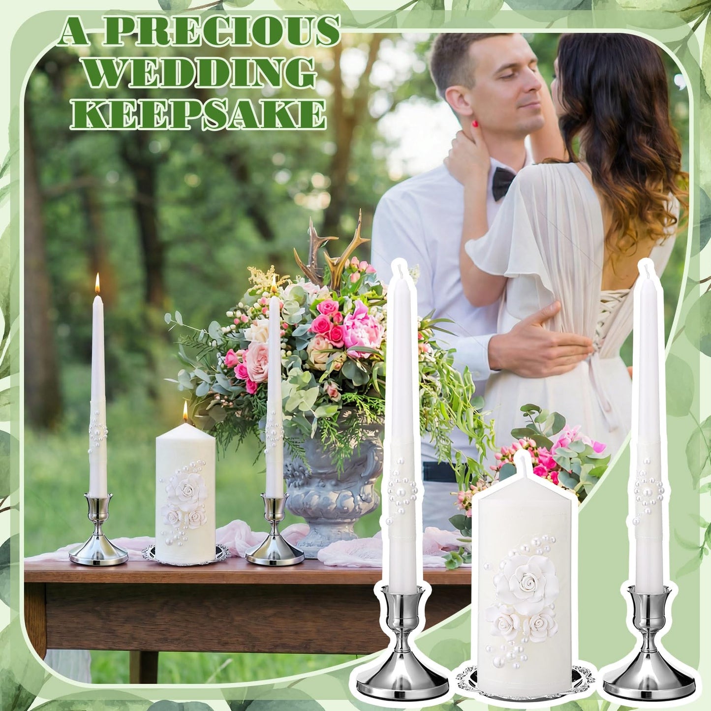 Irenare Unity Candles with Holder for Wedding Ceremony Unity Candle Set Wedding Table Decorations Accessories for Formal Events Church (Ceramic Flowers)