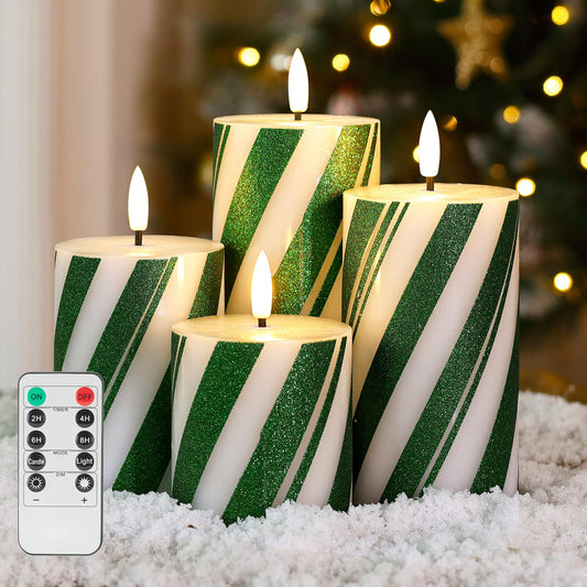 JOIONE Green Striped Flameless Pillar Candles with Remote Set of 4, Battery Operated Real Wax LED Candy Cane Candles, Perfect for Christmas Window, Dinner & Holiday Xmas Decor