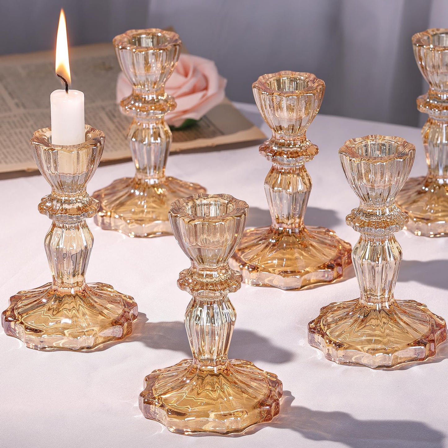 Simeitol Glass Candlestick Holders Bulk, 6PCS Gold Taper Candle Holders for Table Centerpiece, Gold Tall Candle Stick Holder Stand for Wedding Decorations, Birthday, Christmas Table Decor