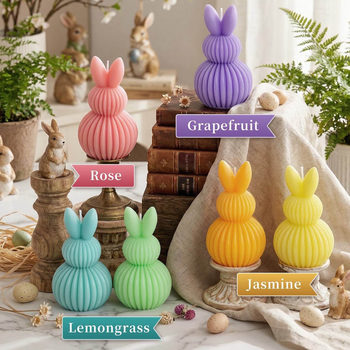 Lanpn 6 Pcs Easter Bunny Candles Gift Set, Mini Rabbit Shaped Votive Tea Lights, Easter Flower & Fruit Scented Candles, Each 2.1 oz, Spring Party Holiday Decor Home Table Centerpiece, Macaron Color