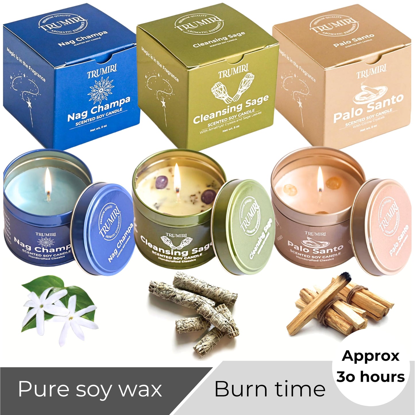 Cleansing Sage, Palo Santo, Nag Champa - Soy Candles Non Toxic - Highly Scented Long Lasting with Essential Oils - Variety Pack of 3 x 5oz - for Home Aromatherapy Meditation Gift Travel