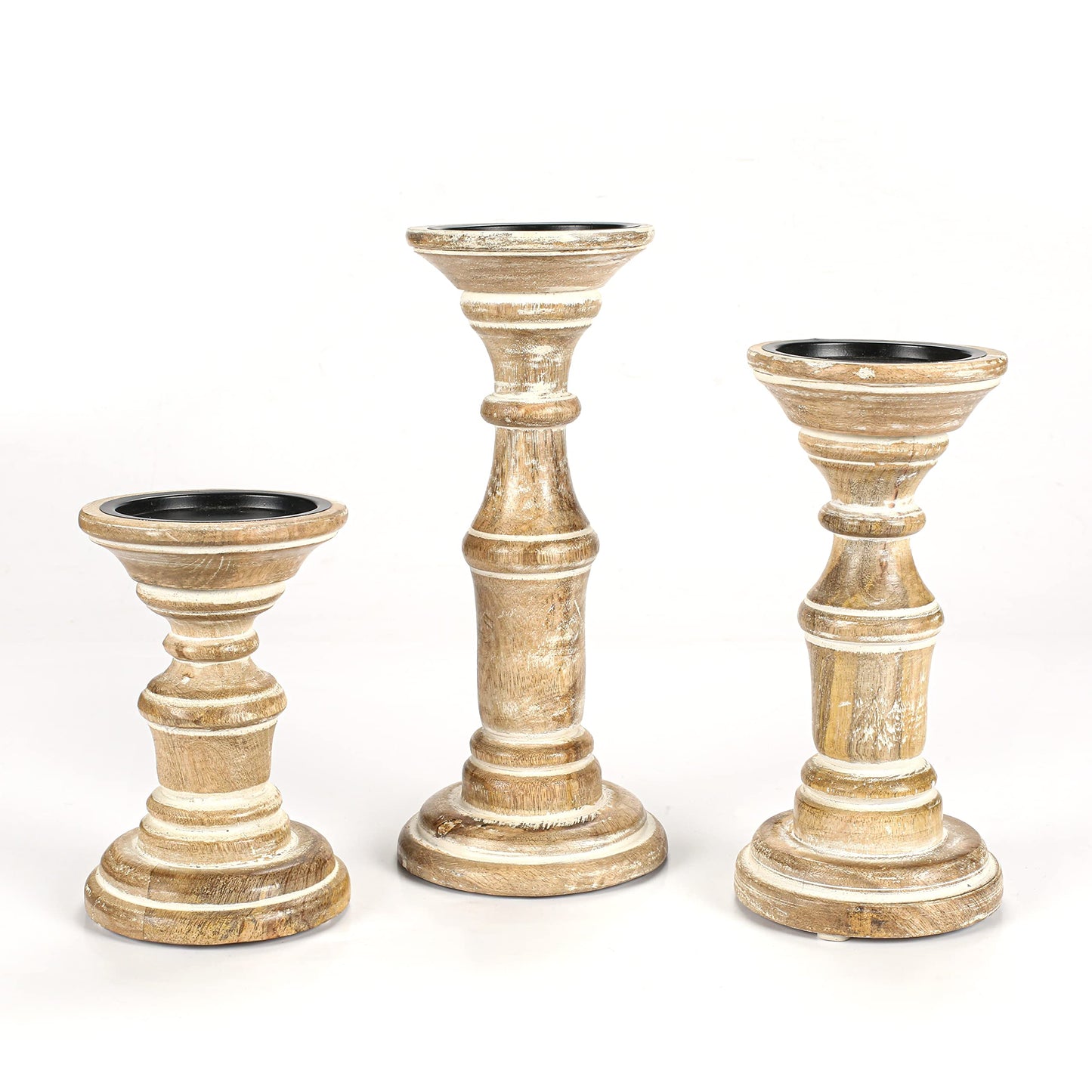 Candle Holder Stand Wooden, Pillar Candle Holders, Unity Candle Holders, Rounded Turned Colums, Country Style Ideal for Gift, Wedding, Christmas, Party, Home,Spa - 10,8,6 Inch- Set of 3, White Wash