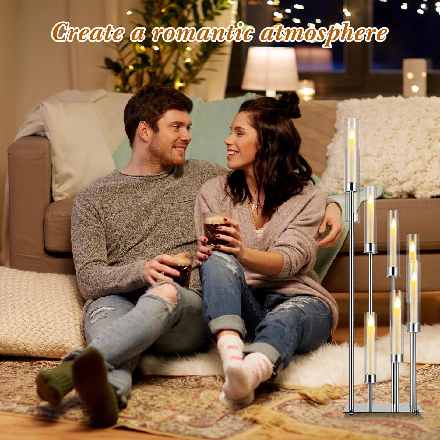 Dandat 41.5" Tall Floor Candelabras, 8-arm Cluster Standing Candle Holders with Clear Acrylic Shades, Silver Wedding Centerpiece Candelabra for Flameless/LED Taper Candles, Party & Event Decor(1 Pack)