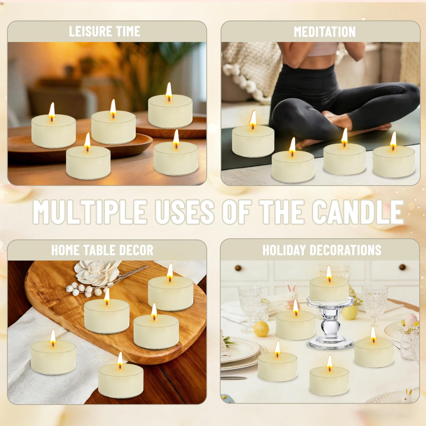 Fig Scented Tea Light Candles 24 Pack Beige Hand Poured Smokeless 4 Hours Clean Burning Small Round Clear Cups Tealight Candles for Romantic Dinners Wedding Centerpieces Cozy Evenings