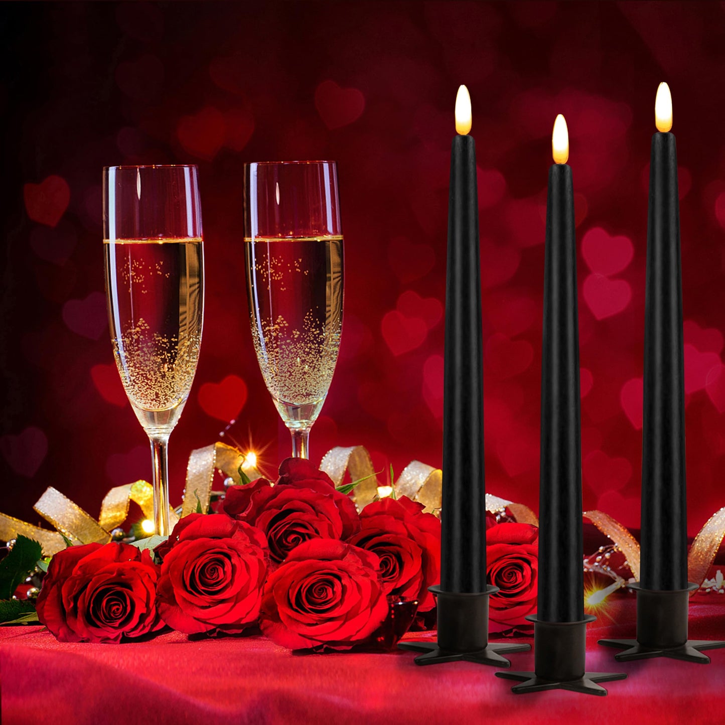 CVHOMEDECO. Flameless Taper Candles with 10-Key Remote, Battery Operated Led Flickering 3D Wick Window Candles Real Wax Finished Home Christmas Party Decor 0.78 x 11 Inch, Pack of 3, Black