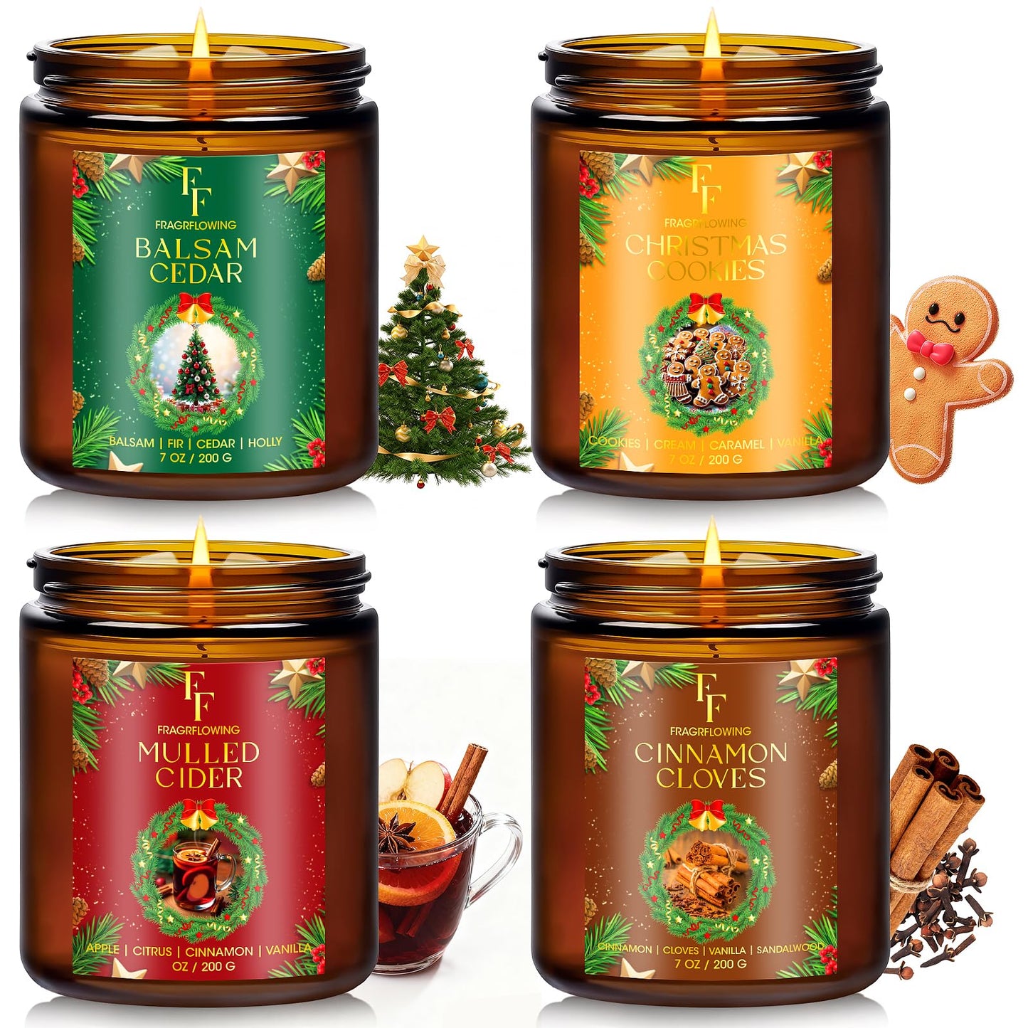 Christmas Candles Set, Scented Candles for Home, 4 Pack Holiday Natural Soy Candles, Christmas Gifts for Women Men, Festival Fragrance of Balsam Cedar/Cookies/Mulled Cider/Cinnamon