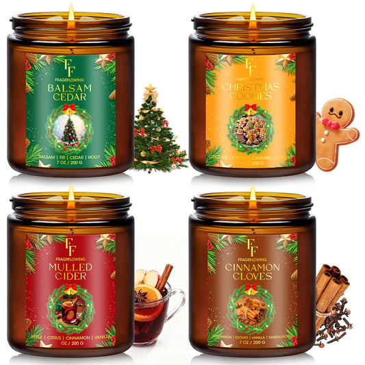 Christmas Candles Set, Scented Candles for Home, 4 Pack Holiday Natural Soy Candles, Christmas Gifts for Women Men, Festival Fragrance of Balsam Cedar/Cookies/Mulled Cider/Cinnamon