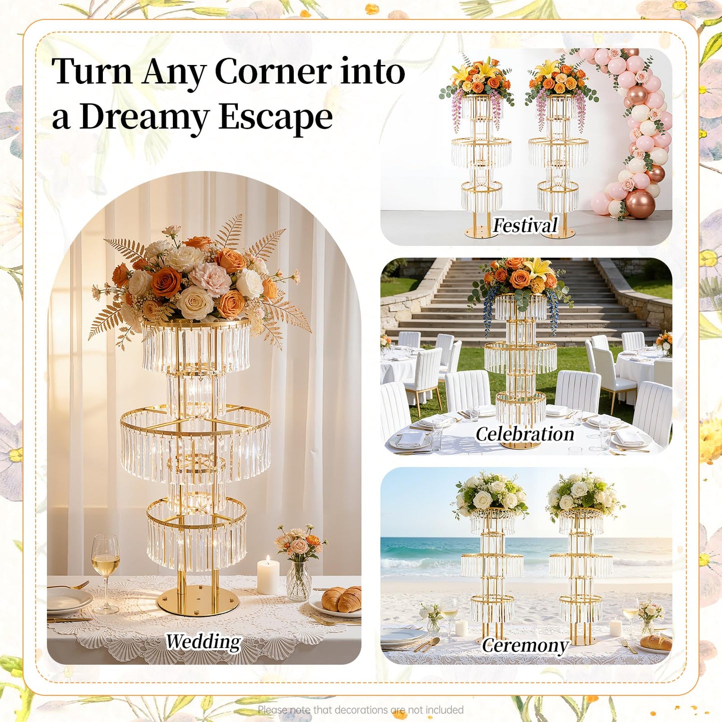 2 PCS Crystal Vases for Centerpieces, 43.3 in Tall Metal Pedestal Stands with Hanging Crystals for Table Chandelier Centerpiece, 5 Tiers Flower Stand for Wedding Reception Party (Gold, Round Base)