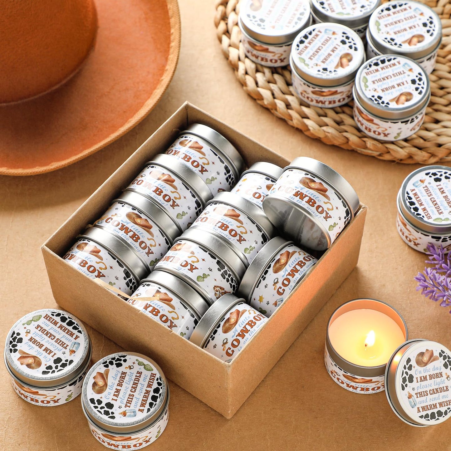 MTLEE 24 Pcs Cowboy Baby Shower Party Favors Candles Lavender Scented Baby Shower Favors for Guests Rustic Tealights Candles Gender Reveal Return Gifts (1.2 oz, White)