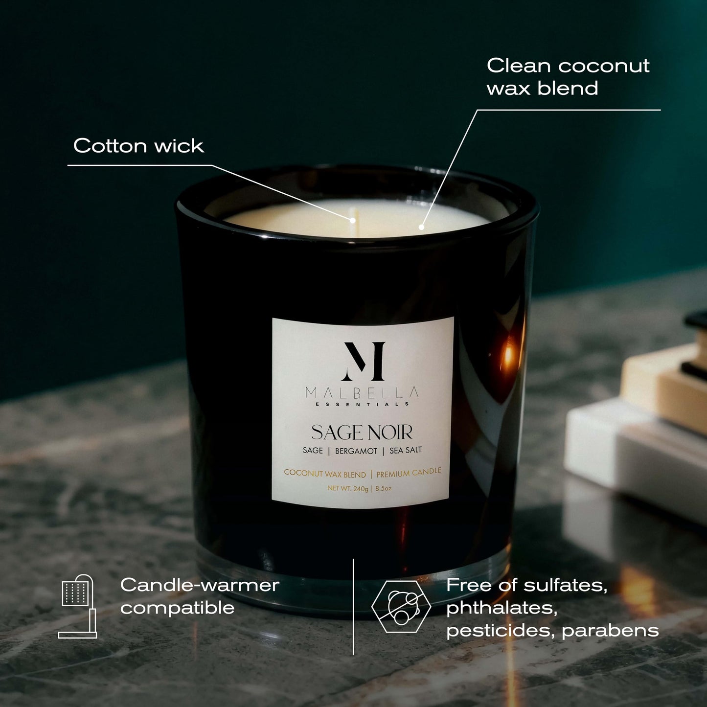Malbella Essentials Sage Noire Luxury Scented Candle for Women & Men | 8.5 oz Hand-Poured Coconut Wax Blend | Modern Self-Care Aromatherapy Candle | 50 Hr Burn | Gift-Ready Glossy Glass Vessel