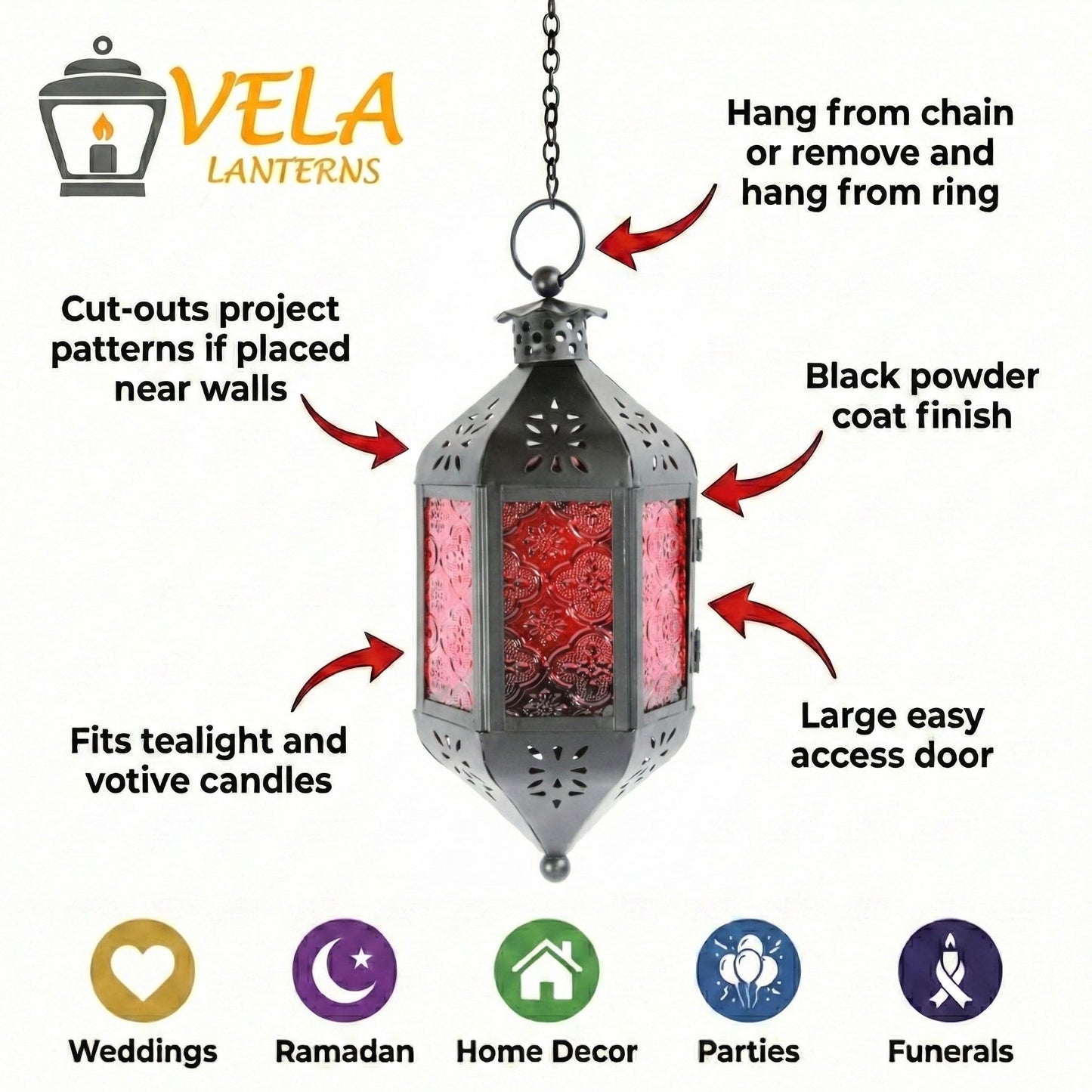 Vela Lanterns Hanging Moroccan Lamp - Exotic Decorative Patio & Porch Decor, Indoor Outdoor Tea Light Candle Lantern Holder with Chain (11" Medium, Red Glass)