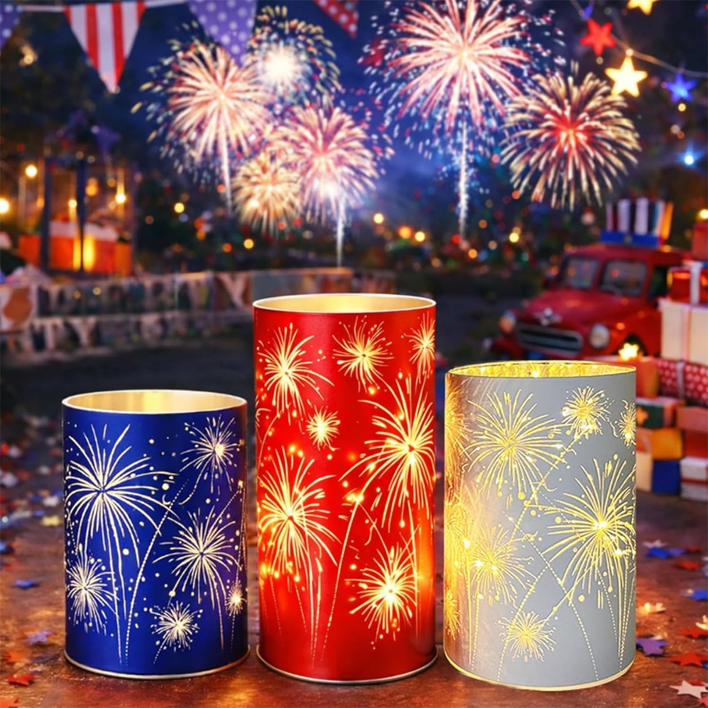 Set of 3 Celebration Fireworks Glass Hurricanes, New Etched Firework Starburst Glass Hurricane Lamp with LED Lights, 250 Anniversary America Centerpieces for Mantel, Dining Table (Warm Light-B)