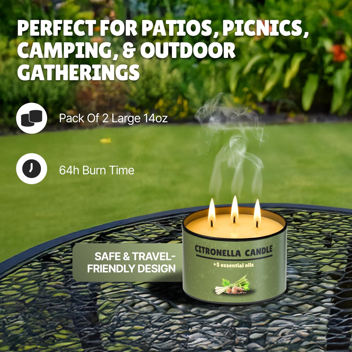 Buzz Defender 2-Pack 14oz Outdoor Citronella Candles | Highly Effective 100% Natural | 64h | Large Citronella Candles Outdoor, Ideal for The Backyard Porch, Patio and Camping | Extra Strong (Regular)