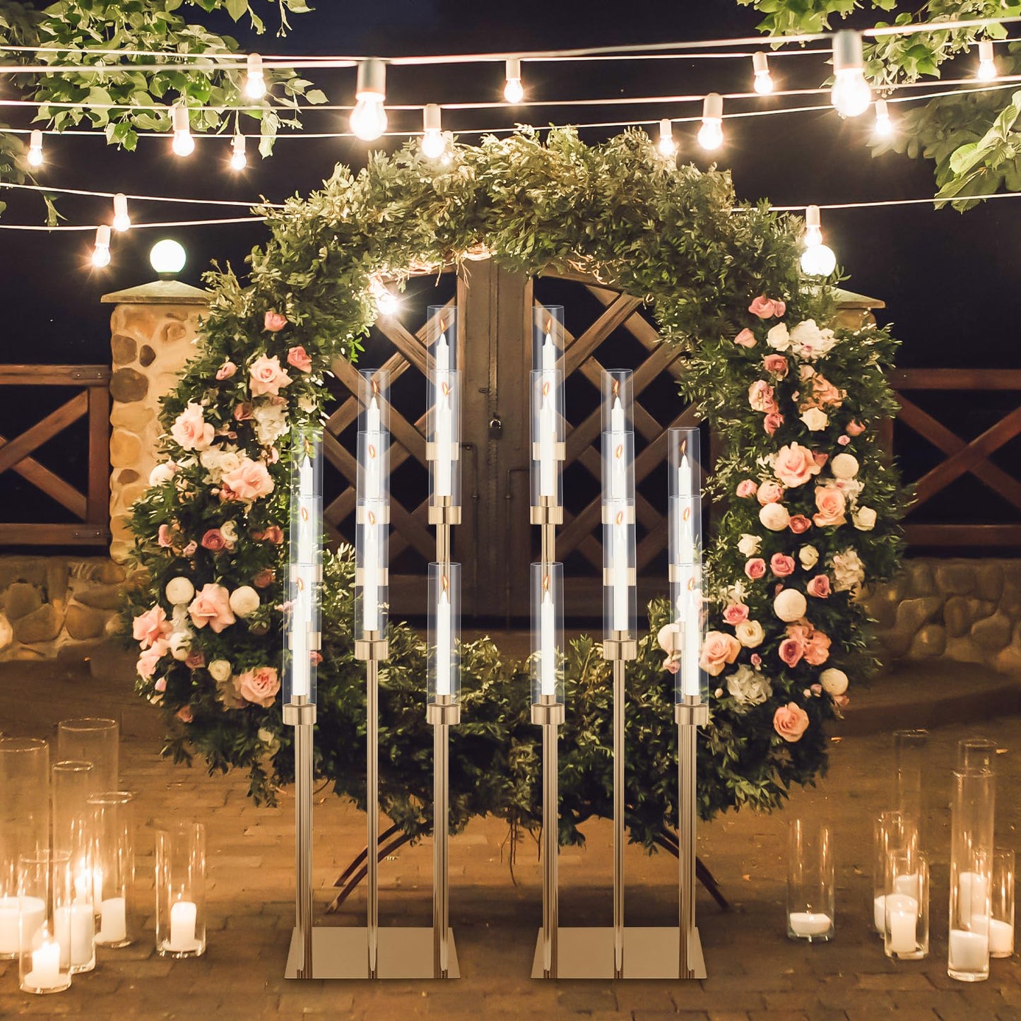 2 Sets Gold 9-Arm Metal Candelabra with Acrylic Shades – 32" High Floor Candle Holders, Each Set Includes 9 Bases & 9 Lampshades, Multi-Level Design for Wedding & Party Centerpieces