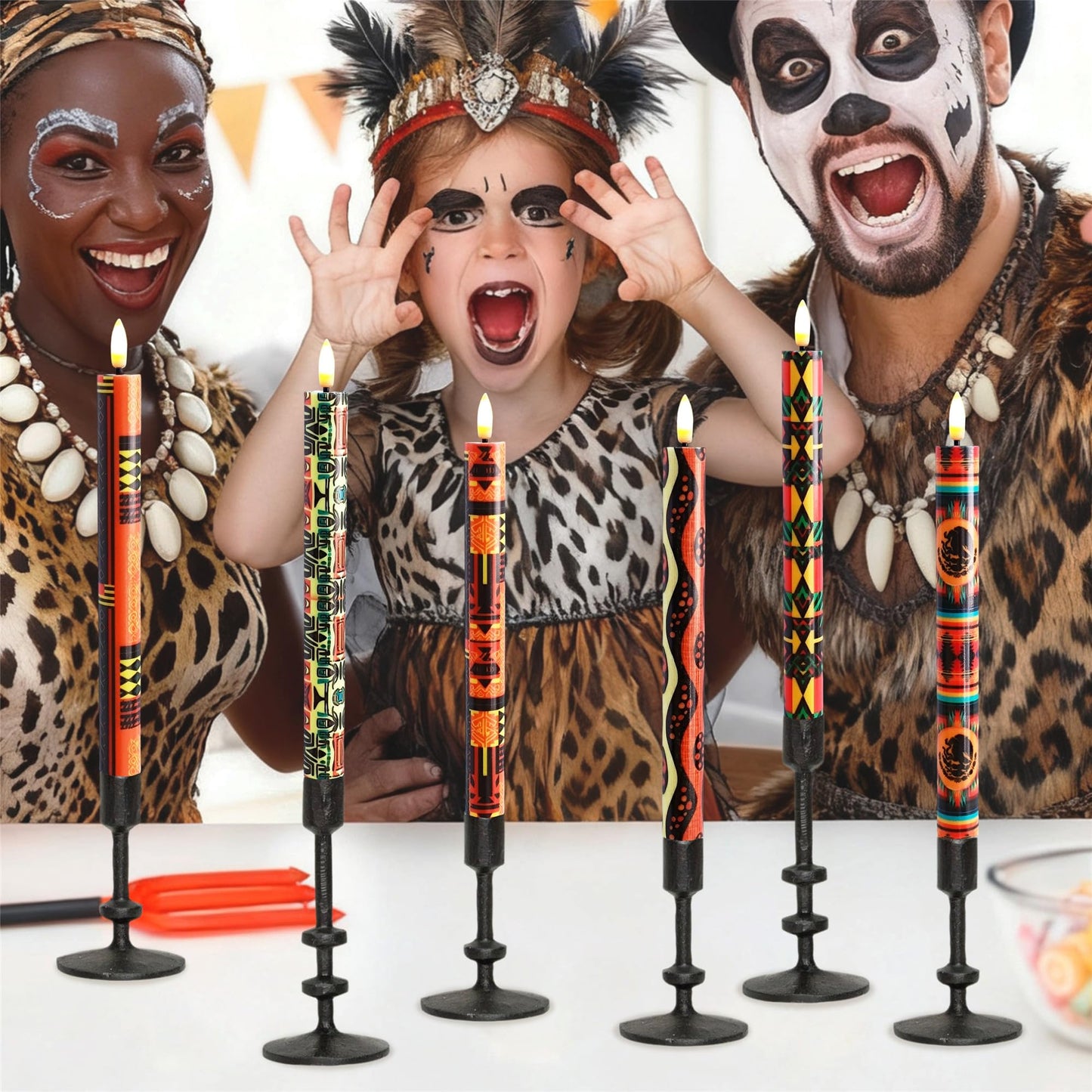 Gedengni African LED Candles Flameless Candlesticks-6pcs Timer Traditional Tribal Battery Operated Candle Remote Floral LED Taper Candles Lights for Home Wedding Party Dinner Windows Decor-P6AFRI