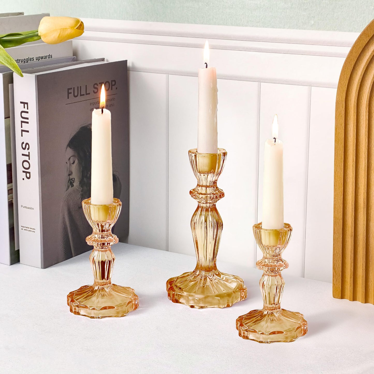 CHOCSTAY Glass Candlestick Holders Set of 3, Amber Stripe Taper Candle Holders for Table Centerpiece, Home Decorations, Wedding and Party