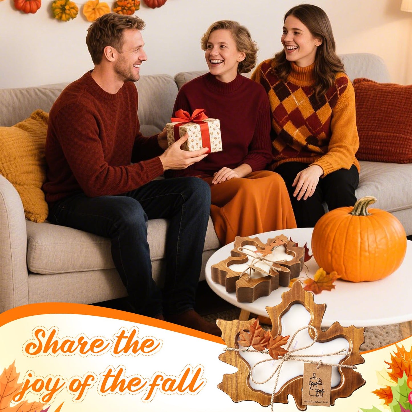 MTLEE 2 Pack Fall Wood Dough Bowl Candle, 8" Rustic Wooden Scented Candles, Farmhouse Autumn Decor for Thanksgiving Table, Home, Cozy Fall Gifts for Friend, Family(Wreath Scent,Maple Leaf)