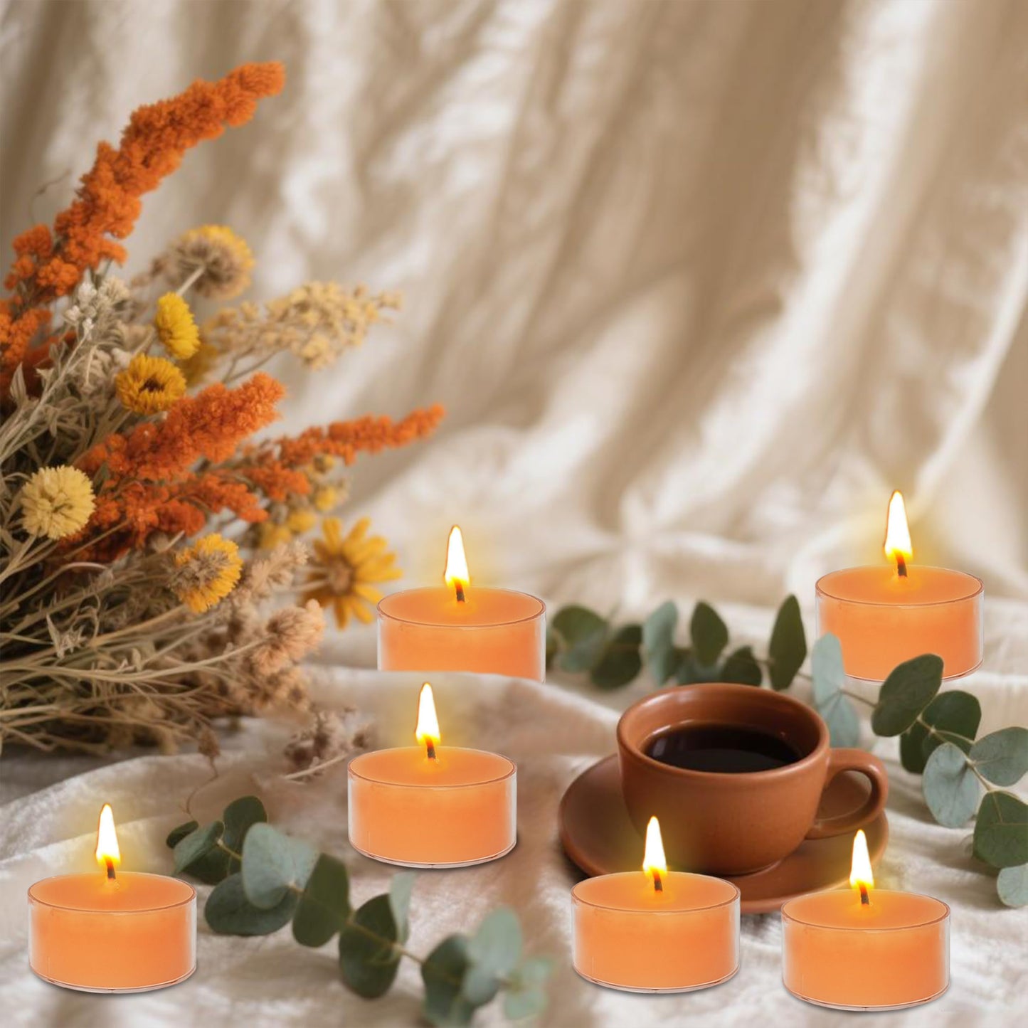 Orange Scented Tea Lights - Handmade Small Round Candles in Transparent Cups, Clean Burning Smokeless 4-Hour Burn, Perfect for Fall Decor, Thanksgiving & Cozy Evenings