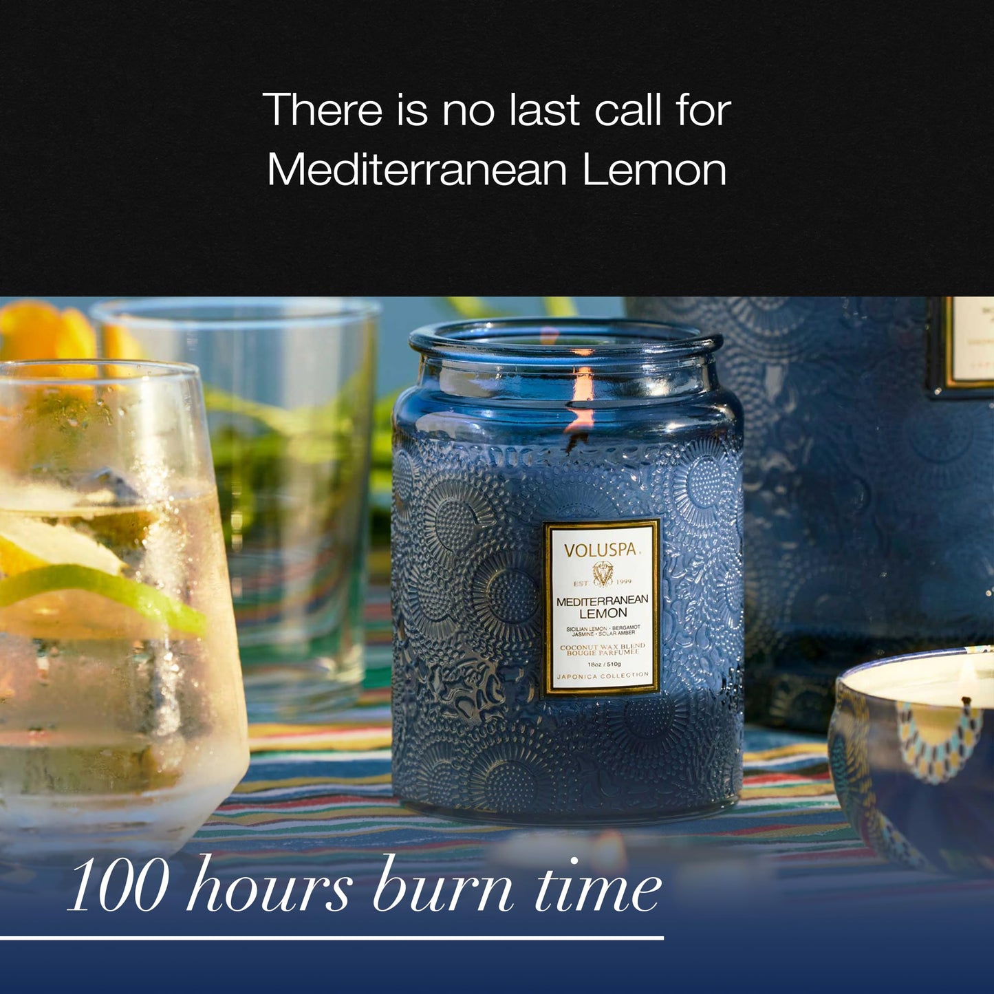 Voluspa Mediterranean Lemon Candle Jar, 18 oz, Coconut Wax Blend, Large Scented Candles for Home, 100 Hour Burn Time, Poured in the USA