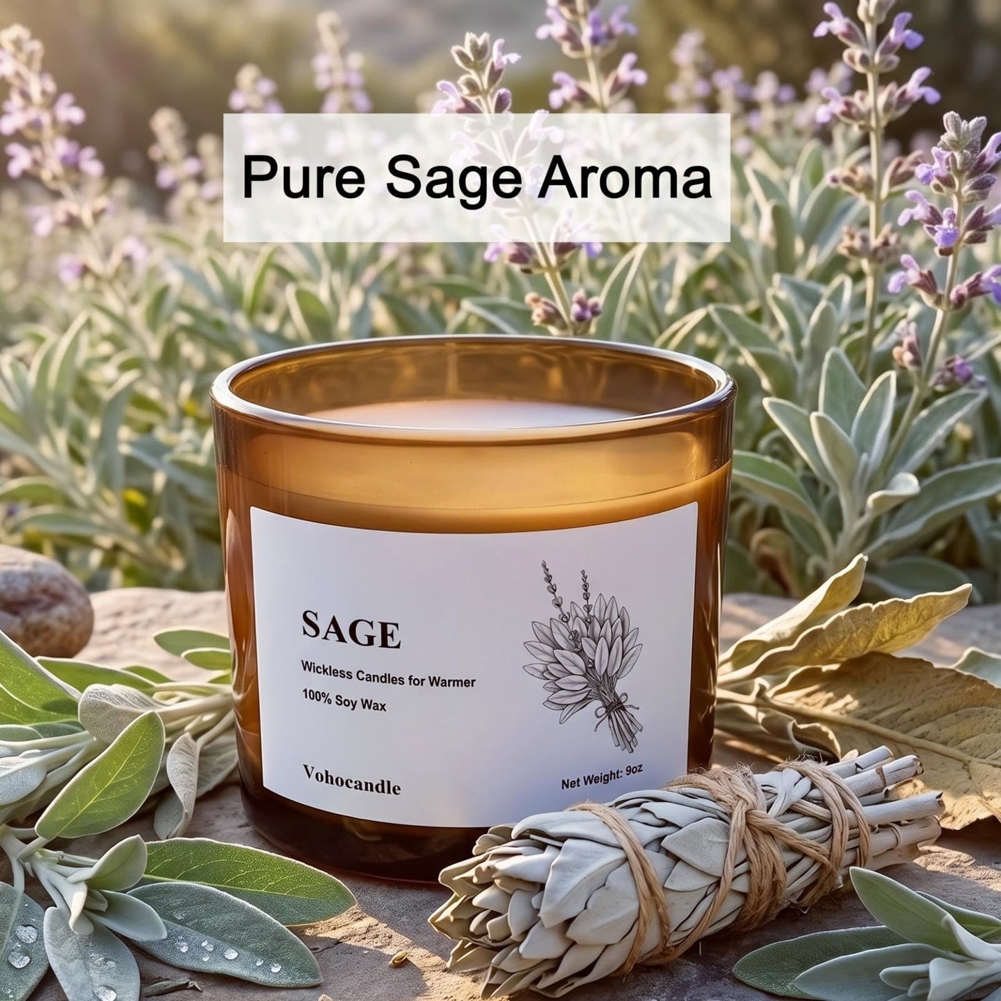 VOHO Sage Wickless Candles for Candle Warmer Lamp, 9oz Soy Candles with Stirring Spoon & Lid, Wickless Sage Candle for Wax Lamp Warmer, Scented Candles Gifts for Women Men Birthday Winter Home Decor