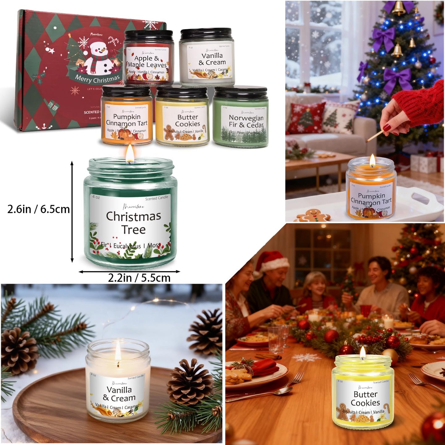 Christmas Candles Scented Candle Set: 6 Pack Christmas Scents Candle Bulk Home Scented - Holiday Candle Gifts for Women and Men - Scents of Christmas Tree/Spiced Pumpkin/Cookies/Apple/Vanilla/Fir
