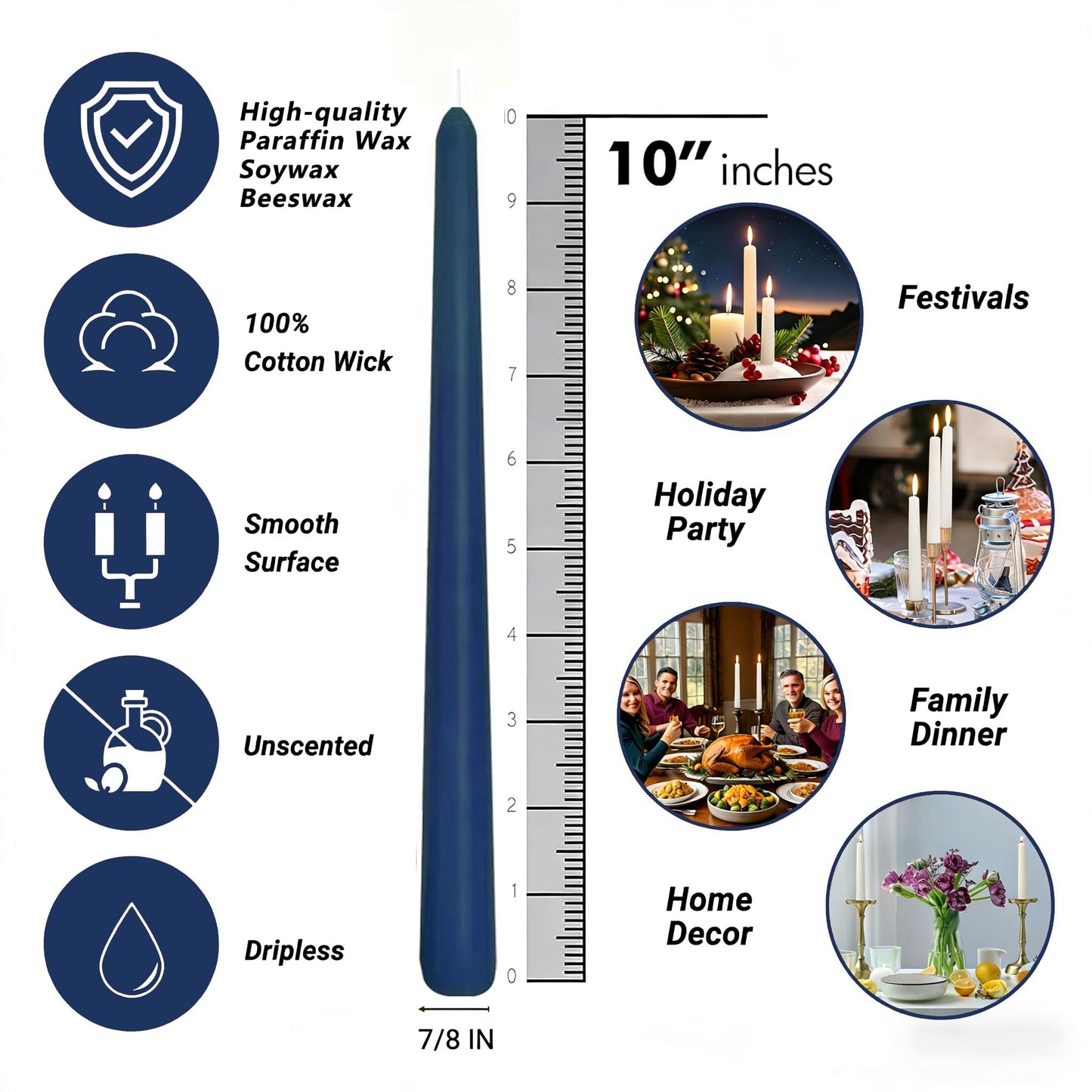 Navy Blue Taper Candles for Home Decoration, 20 Pack 10 Inch Unscented Dripless Candlesticks for Dinner Party