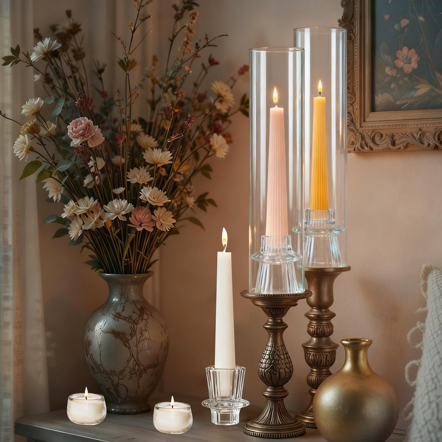 12 Set Glass Hurricane Candle Holders - 12" Tall Clear Glass Candlestick Holders for Taper Candles with Cylinder Chimney for Wedding, Party, and Home Table Centerpiece Decoration