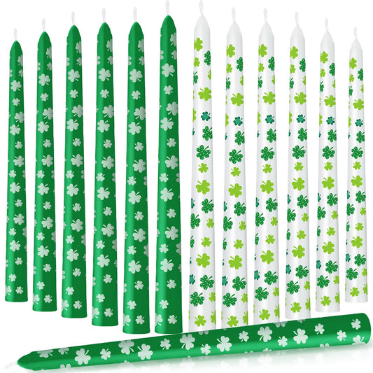 Threlaco 12 Pcs St. Patrick's Day Dripless Taper Candles 10 Inch Tall Unscented Candle Sticks White Green Shamrock Set St. Patrick's Day Gifts Holiday Decor for Dinner Party Wedding Anniversary