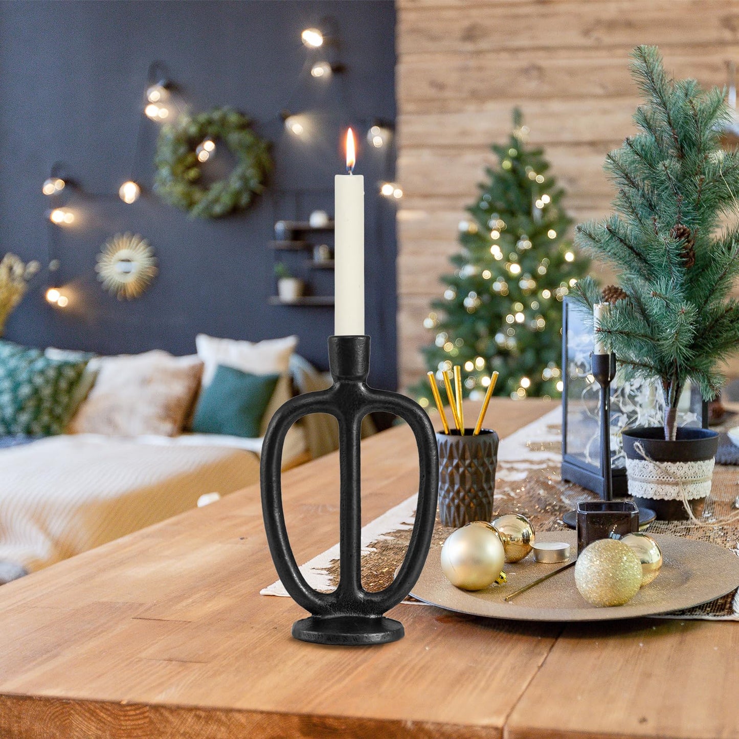 Matte Black Iron Candle Holder Retro Taper Candle Sticks Stand Decor Farmhouse Candlestick Holders for Home Wedding Party Dinning Table Centerpiece (Black, L)