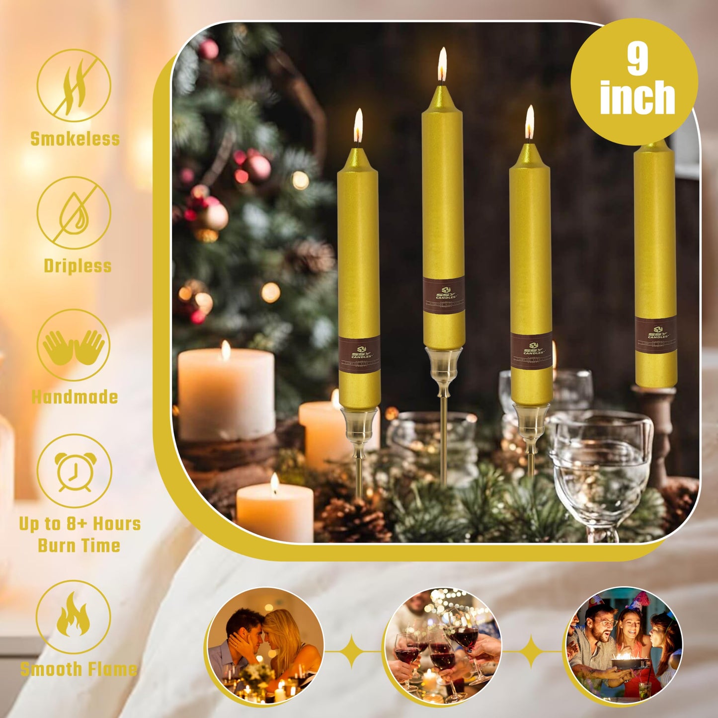 Christmas Metallic Gold Candle 9 Inch Tall Smokeless Taper Candles 4 Pack Unscented Dinner Candle for Christmas Dinner