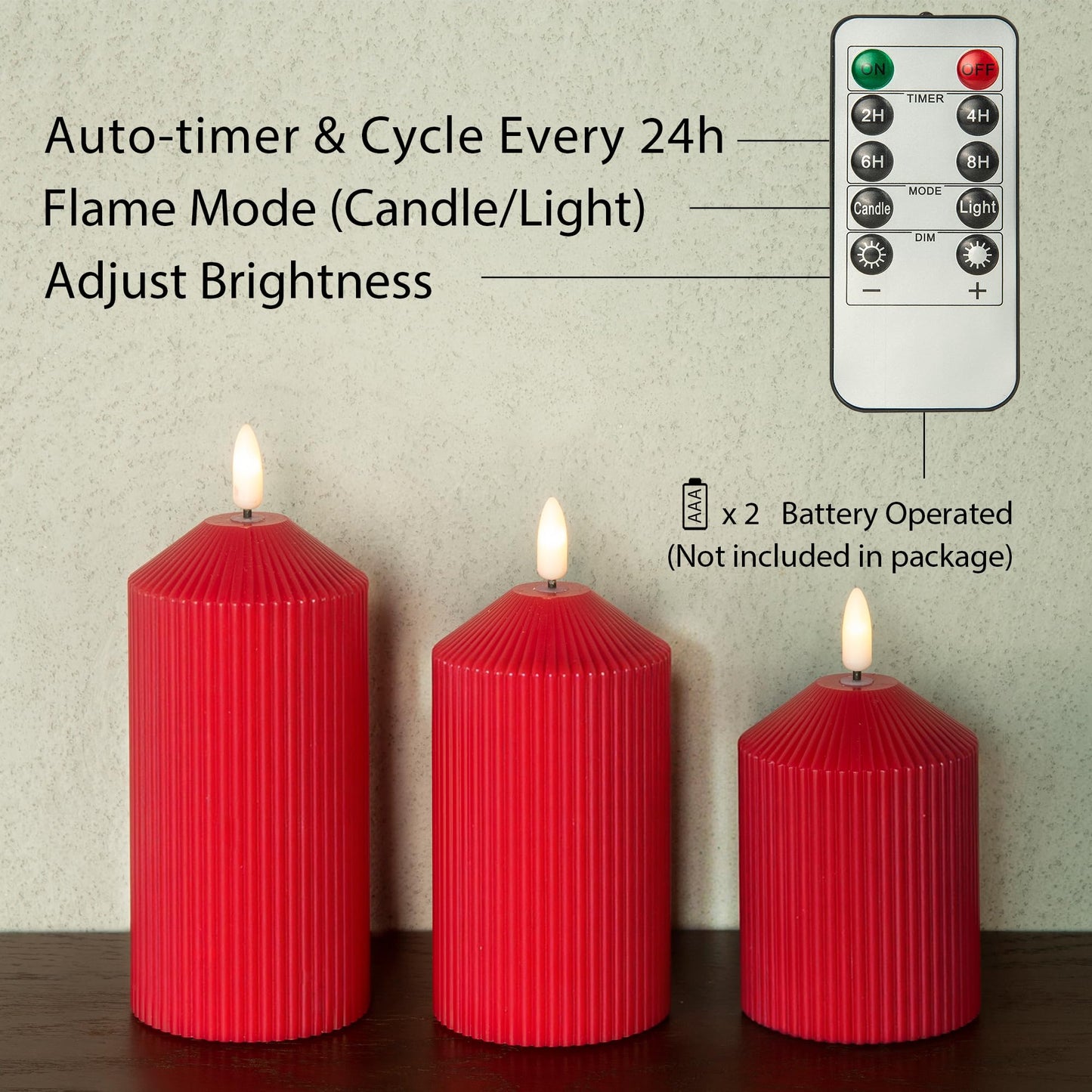 LUSHARBOR Flameless Candles with Remote, Battery Operated Candles Real Wax LED Fake Pillar Candles with Timer Flickering Flame for Wedding Home Party, Set of 3 Red