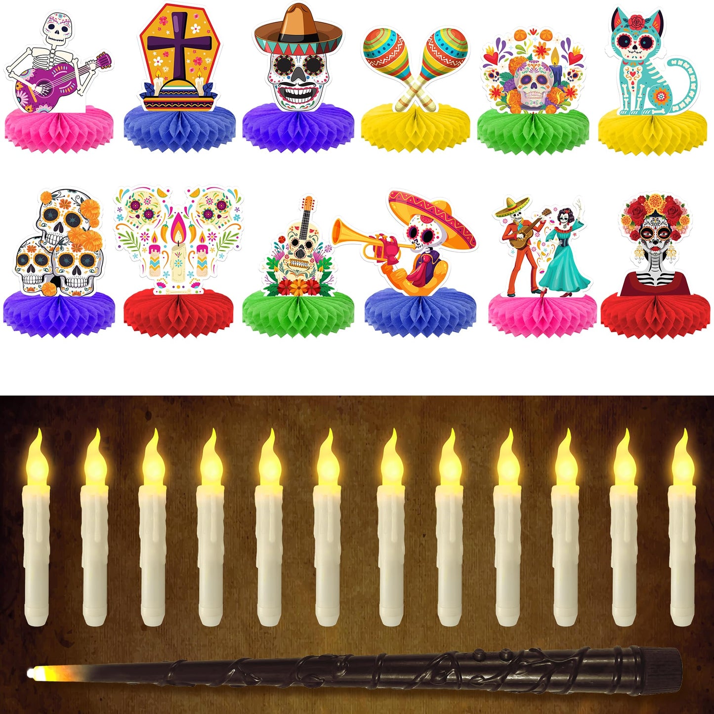 KatchOn, Halloween Decorations Set - Pack of 24 | Floating Candles with Wand Remote-12 Pcs & Halloween Centerpieces for Tables- Pack of 12 | Day of The Dead Centerpieces for Spooky Party Decor
