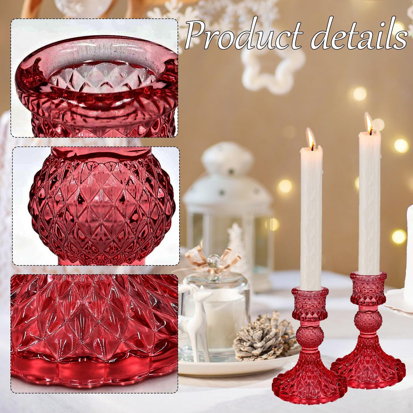 Glass Candlestick Holders Set of 2，Taper Candle Holders Fit 0.8 Inch Candles, Crystal Decorative Candle Stand Centerpiece for Table Wedding Dinning Party 4 Inch Tall (Red)