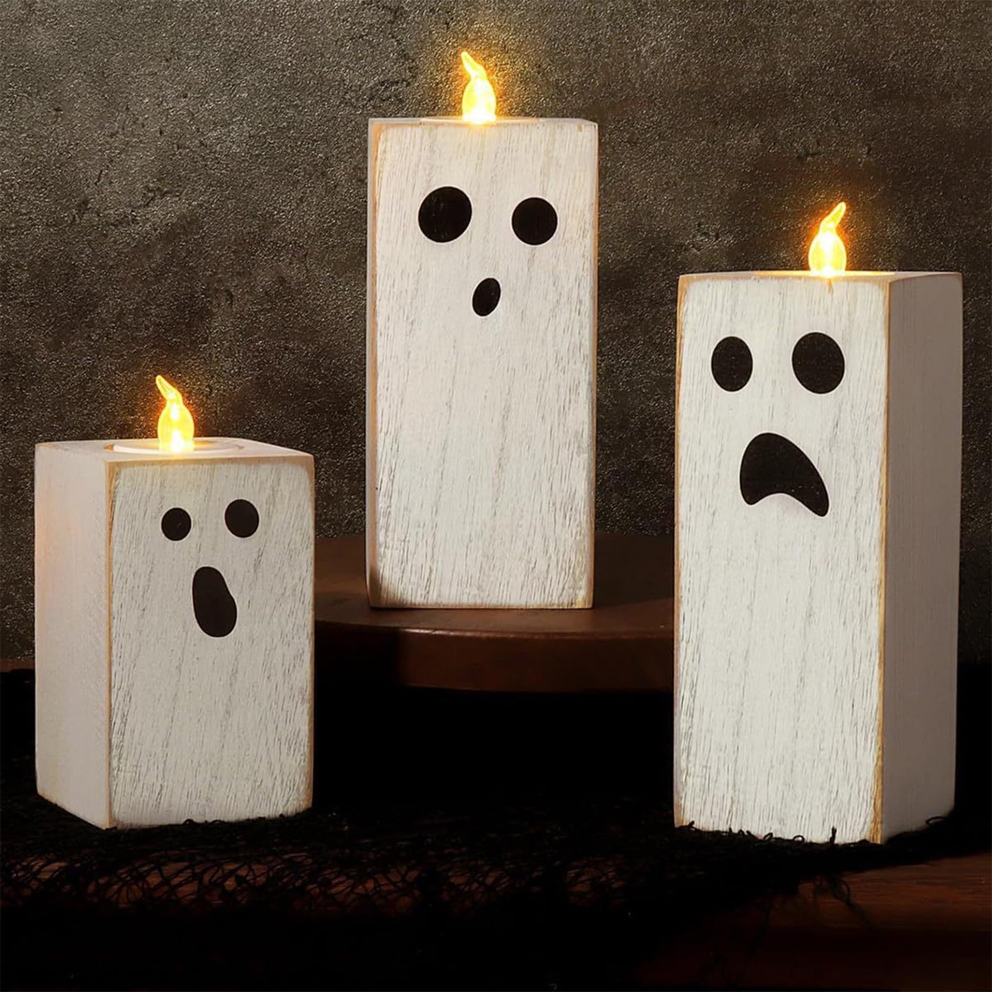 3PCS Halloween Wood Tealight Candle Holders Rustic Wooden Ghost Theme Table Sign Blocks with Tea Light Candle Holder for Farmhouse Centerpieces, Office, Tiered Tray, Shelf Décor