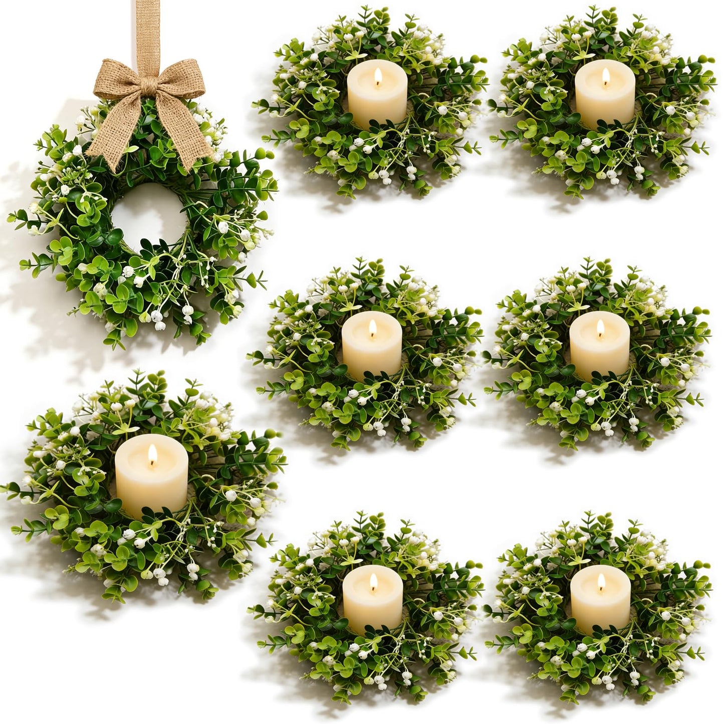 6 Pcs Small Spring Summer Candle Ring Wreaths with Artificial Eucalyptus Greenery White Buds Mini Pillar Candle Holder Wreath for Home Kitchen Cabinets Table Centerpieces Front Door Wedding Decor