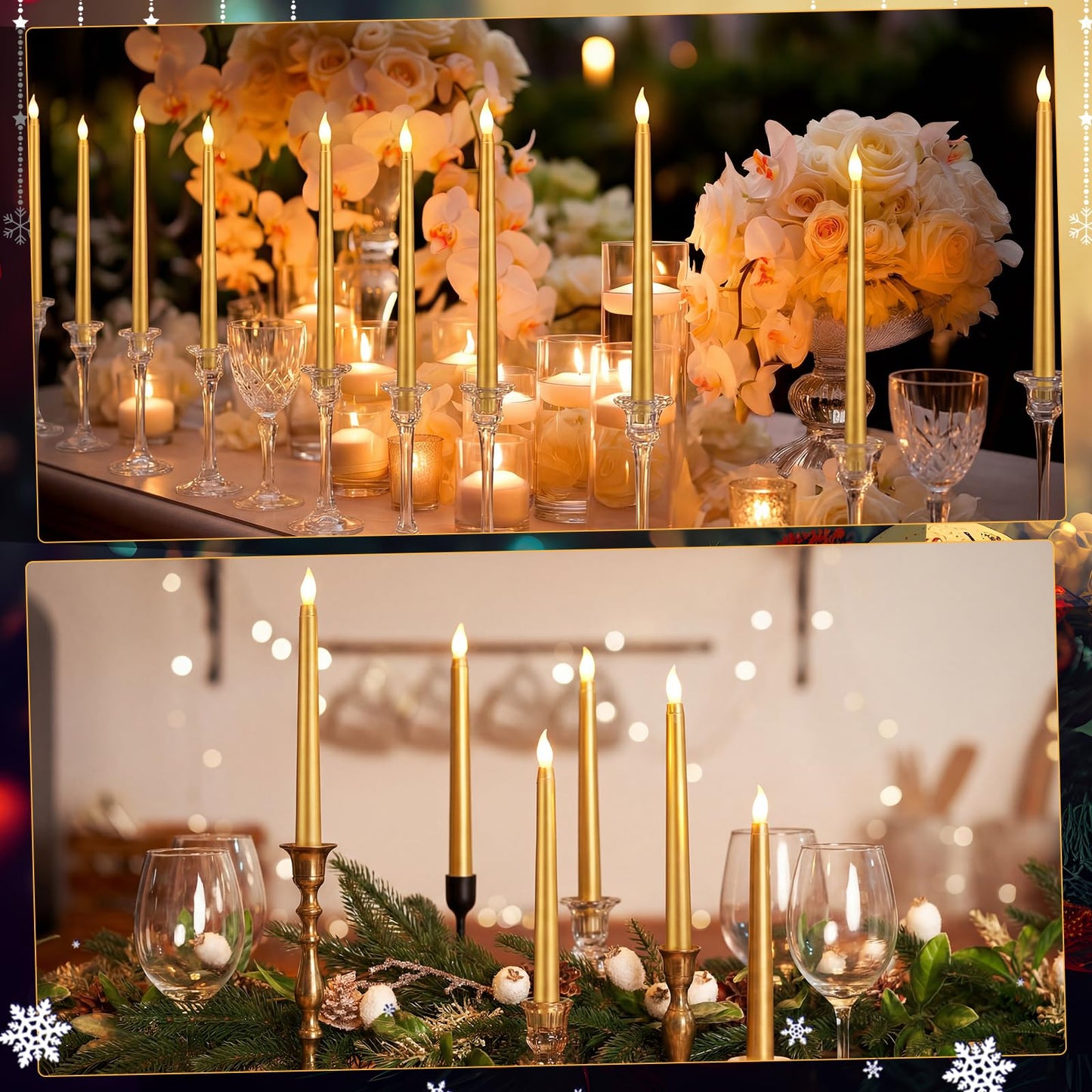 Baquler 120 Pcs Flameless Taper Candles with Remote and Timer 11" Battery Operated Candlesticks LED Flickering Faux Candles Warm Light for Wedding Holiday Party Home Decor (Gold)