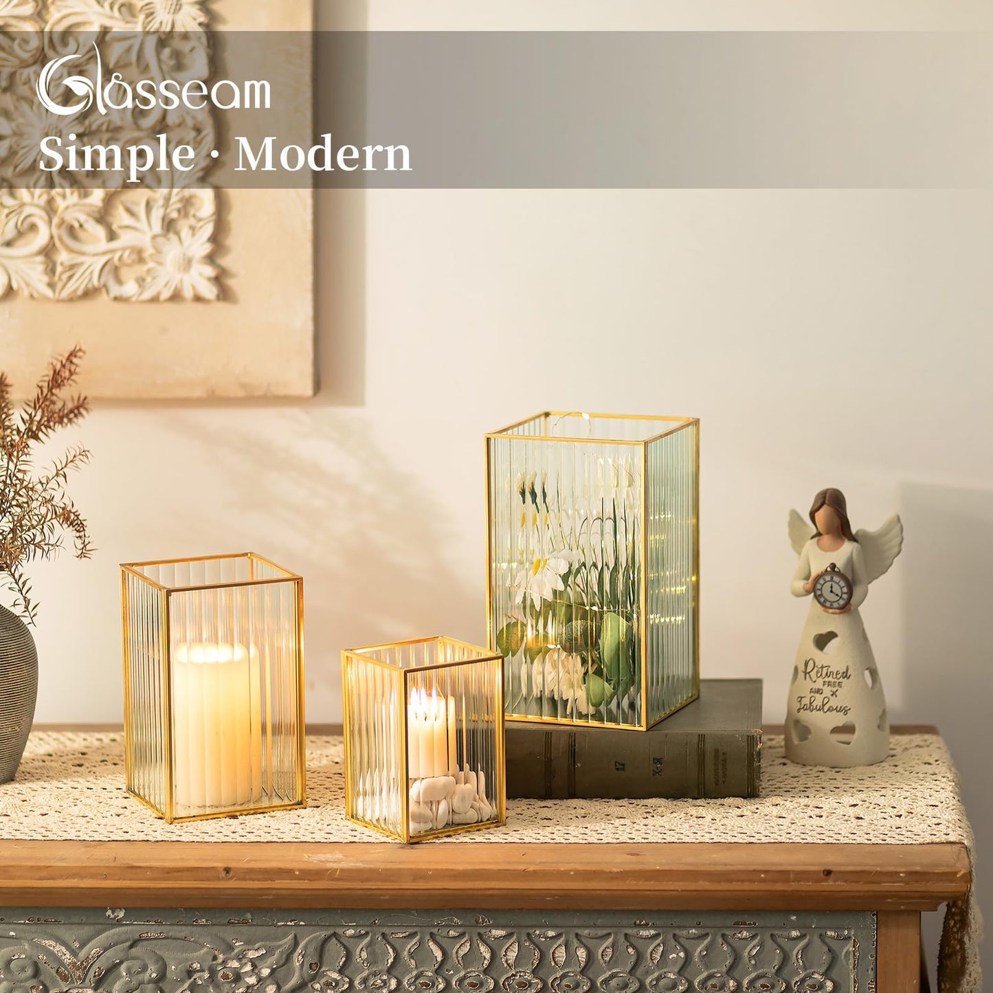 Glasseam Hurricane Glass Candle Holder: Ribbed Gold Pillar Candle Holders Set of 3 Square Metal Candle Holders for Table Centerpiece Modern Small Lanterns Decorative Indoor for Christmas Wedding Decor