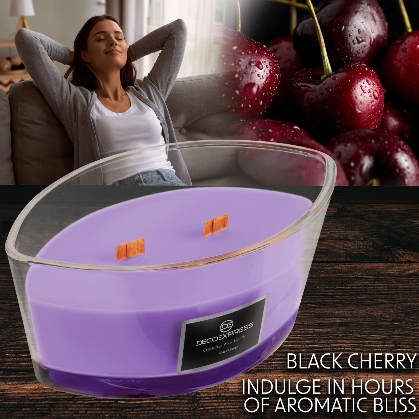 DECO EXPRESS Scented Candles, Crackle Double Wick Candles, Long 50 Hours Burn Time, Home Decor & Gift Ideas (Black Cherry)