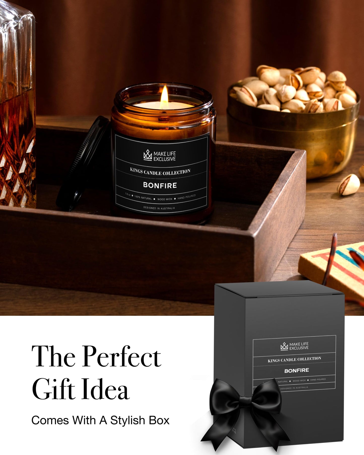 Scented Candles for Men | Bonfire, Mahogany & Teakwood Scented | Wooden Wick, Long Lasting, Masculine Scents | Natural Soy Jar Candle for Home, Bachelor Pad Decor | The Perfect Mens Gift.