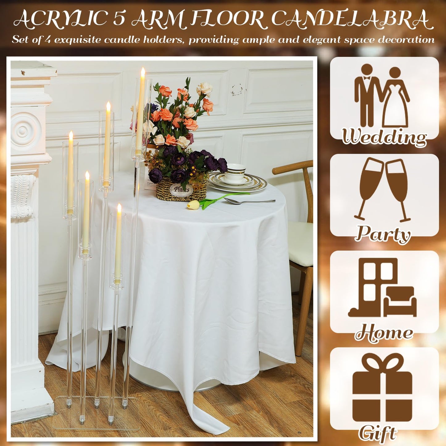 Tessco for you 2 Set 5 Arms Acrylic Candelabra Centerpieces 46.4'' Tall Clear Candle Holders Wedding Table Centerpiece Floor Candle Stand with Acrylic Shade Fit 0.8'' LED Candles for Home Party